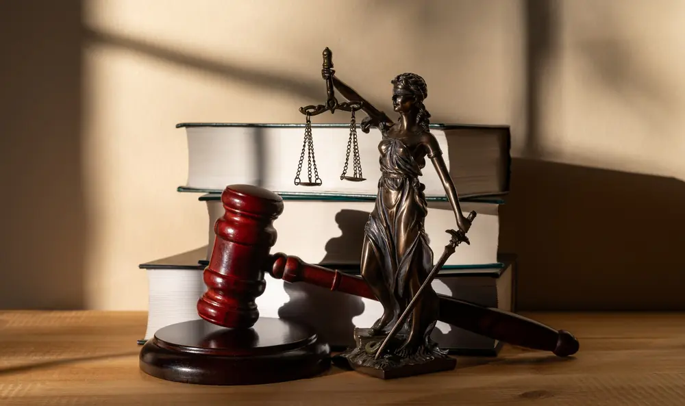 A,Figure,Of,Themis,,Books,And,A,Judge's,Gavel,Against